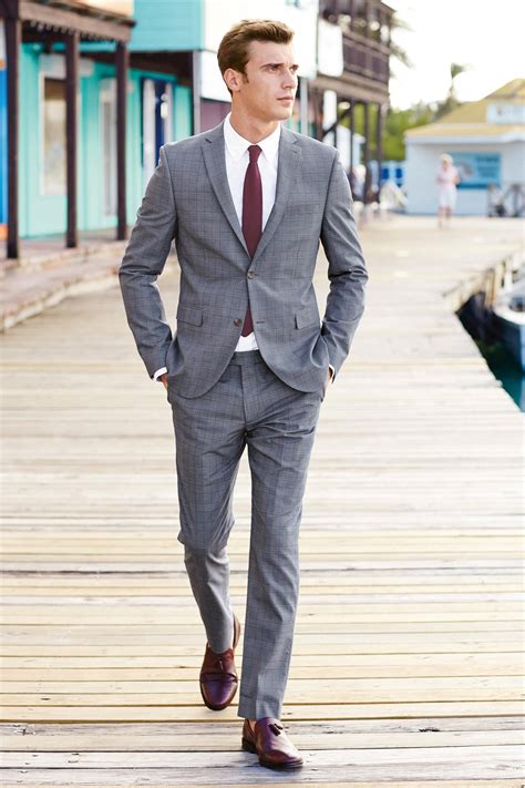 light grey suit burgundy shoes.